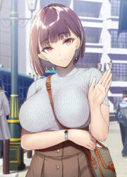 Rule 34 | 1girl, bag, blurry, breasts, brown eyes, brown hair, commentary request, depth of field, gentsuki, hand up, handbag, highres, large breasts, light smile, looking at viewer, original, raised eyebrows, short hair, smile, solo, watch