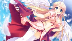 Rule 34 | 1girl, angel, blonde hair, blue eyes, blush, braid, breasts, cleavage, cloud, feathers, game cg, garter belt, guardian place, happy, highres, legs, long hair, looking at viewer, midriff, navel, open mouth, panties, sky, smile, solo, standing, suzaku (guardian place), thighhighs, thighs, underwear, wings, yukie (peach candy)