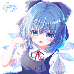 Rule 34 | 1girl, blue bow, blue dress, blue eyes, blue hair, blush, bow, cirno, collared shirt, detached wings, dress, fairy, hair between eyes, hair bow, ice, ice wings, open mouth, red ribbon, ribbon, shirt, short hair, short sleeves, signature, simple background, solo, touhou, upper body, white background, white shirt, wings, yunagi (arukumaruta)