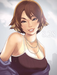 Rule 34 | 1girl, bad id, bad pixiv id, blue eyes, breasts, brown hair, camisole, character request, cleavage, dated, eyeliner, female focus, gradient background, jewelry, large breasts, lips, looking at viewer, makeup, maou alba, mascara, necklace, nose, off shoulder, short hair, sky, smile, solo, spaghetti strap, tan, tanline