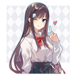 Rule 34 | 1girl, ;), akira (ying), black hair, black skirt, blue eyes, blue outline, bow, closed mouth, collared shirt, dress shirt, hair ornament, hairclip, hand up, heart, highres, index finger raised, kyouka (overidea), long hair, long sleeves, looking at viewer, one eye closed, outline, overidea, pleated skirt, red bow, shirt, signature, skirt, smile, solo, very long hair, virtual youtuber, white shirt