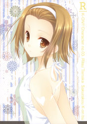 Rule 34 | 1girl, absurdres, arms behind back, back, bare shoulders, brown eyes, brown hair, dress, from behind, hairband, highres, k-on!, looking back, open mouth, scan, short hair, solo, tainaka ritsu, white dress, wnb mark