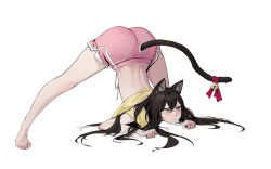 Rule 34 | 1girl, :&lt;, animal ears, ass, barefoot, bell, brown eyes, brown hair, cat ears, cat girl, cat tail, clothing cutout, commentary, dongho kang, flexible, full body, hair between eyes, highres, jack-o&#039; challenge, long hair, looking at viewer, looking up, meme, original, pink shorts, short shorts, short sleeves, shorts, simple background, solo, spread legs, tail, tail through clothes, top-down bottom-up, white background
