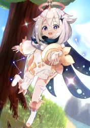 Rule 34 | 1girl, absurdres, blue eyes, blush, cape, dress, genshin impact, grass, halo, highres, looking at viewer, open mouth, outstretched hand, paimon (genshin impact), scarf, short hair, tree, user xmwk2387, white dress, white hair