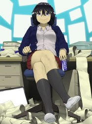 Rule 34 | 1girl, absurdres, anyan (jooho), black hair, black socks, blue jacket, book, can, chair, closed mouth, commentary request, crossed legs, desk, full body, hair between eyes, highres, holding, jacket, korean commentary, long sleeves, looking at viewer, messy room, miniskirt, office chair, open clothes, open jacket, original, paper, pleated skirt, pocari sweat, printer, purple eyes, red skirt, shoes, short hair, sitting, skirt, smile, socks, solo, swivel chair, white footwear