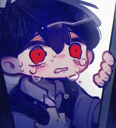 Rule 34 | 1boy, black hair, black sweater vest, collared shirt, crying, crying with eyes open, omori, parted lips, red eyes, shirt, short hair, short sleeves, solo, sunny (omori), sweater vest, tears, wakame (vhai26uhykmqb9k), white shirt