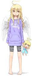 Rule 34 | 1girl, :o, ahoge, angel, angel wings, arms at sides, barefoot, bike shorts, blonde hair, casual, character doll, clothes writing, collarbone, dot nose, drawstring, expressionless, eyes visible through hair, feathered wings, feathers, full body, hair between eyes, halo, holding, hood, hood down, hoodie, legs apart, long hair, looking at viewer, open mouth, original, pigeon-toed, pocket, purple hoodie, shorts, solo, standing, striped bike shorts, striped clothes, toes, wavy hair, wings, yellow eyes, yuyuzuki (yume usagi)