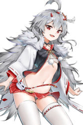 Rule 34 | 1girl, azur lane, black choker, breasts, chinese commentary, choker, cowboy shot, fang, fur trim, haori, hibiki (azur lane), highres, horns, japanese clothes, kafeifeifeifeifeifei jiemo jun, long hair, looking at viewer, microskirt, midriff, navel, open mouth, panties, pantyshot, pleated skirt, pom pom (clothes), red eyes, red skirt, rope, sarashi, silver hair, simple background, skirt, small breasts, smile, solo, thighhighs, thighs, topknot, underwear, white background, white panties, white thighhighs, zettai ryouiki