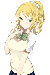 Rule 34 | 10s, 1girl, ayase eli, bad id, bad tumblr id, blonde hair, blue eyes, blue skirt, bow, bowtie, breasts, closed mouth, collared shirt, green bow, green bowtie, hair ornament, hair scrunchie, hand on own chest, heart, high ponytail, long hair, looking at viewer, love live!, love live! school idol project, lpip, medium breasts, school uniform, scrunchie, shirt, simple background, skirt, smile, solo, striped bow, striped bowtie, striped clothes, striped neckwear, sweater vest, swept bangs, white background, white shirt, ||/
