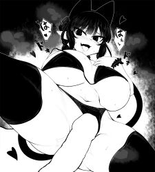 Rule 34 | 1boy, 1girl, animal ears, blunt bangs, blush, bra, braid, breasts, cat ears, cat girl, cat tail, cleavage, commentary, curvy, extra ears, fang, greyscale, groin, haseru (ginku mh), heart, huge breasts, kaenbyou rin, looking at viewer, medium hair, monochrome, multiple tails, navel, nekomata, one breast out, open mouth, panties, penis, pointy ears, side braid, sidelocks, skin fang, solo focus, symbol-only commentary, tail, thighhighs, tongue, tongue out, touhou, two tails, underwear