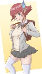 Rule 34 | 1girl, absurdres, backpack, bag, blue eyes, elf, feather hair ornament, feathers, final fantasy, final fantasy xi, garret (broadheadarrow), hair ornament, highres, lilisette, non-web source, pointy ears, red hair, school uniform, short hair, simple background, smile
