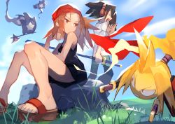 Rule 34 | 1girl, 2boys, absurdres, armor, asakura yoh, axe, bare shoulders, blue sky, brown eyes, brown hair, closed mouth, cloud, closed eyes, floating hair, grass, headphones, highres, hitodama, holding, holding axe, holding sheath, holding shield, holding sword, holding weapon, japanese armor, katana, kyouyama anna, medium hair, multiple boys, open mouth, outdoors, parted lips, pauldrons, rock, sandals, scabbard, shaman king, sheath, shield, shoulder armor, sitting, sky, sleeves rolled up, smile, spirit, standing, sword, teeth, uedrk yamato, upper teeth only, weapon, yawning
