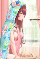 Rule 34 | 1girl, absurdres, bad id, bad pixiv id, blanket, blowing, blue hoodie, breasts, commentary request, demon horns, digital thermometer, fever, from side, hibinpo, highres, hood, hood up, hoodie, horns, idolmaster, idolmaster shiny colors, indoors, long hair, osaki tenka, patch, pink tank top, red hair, sideboob, solo focus, spoon, tank top, thermometer