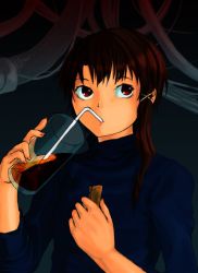 Rule 34 | 1990s (style), 1girl, asymmetrical hair, cup, drinking, drinking glass, drinking straw, glass, iwakura lain, red eyes, retro artstyle, serial experiments lain, sip, solo