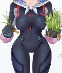 Rule 34 | 1girl, ayanami rei, blue hair, bodysuit, breasts, evangelion: 3.0+1.0 thrice upon a time, frown, gardening, gloves, grass, hat, holding, lower body, neon genesis evangelion, nipples, plant, plugsuit, rebuild of evangelion, solo, standing, sweatdrop, thigh gap, thighs