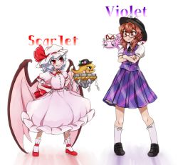 Rule 34 | 2girls, axolotl, bat wings, black footwear, blue hair, blush, brown eyes, brown hair, closed mouth, commentary request, creatures (company), crossed arms, fang, fang out, fedora, full body, game freak, giant catfish, hands on own hips, hat, hinanawi tenshi, keystone, light blue hair, loafers, looking at another, low twintails, mob cap, multiple girls, nintendo, orusuta961, plaid, plaid skirt, plaid vest, pokemon, pokemon sv, puffy short sleeves, puffy sleeves, purple skirt, purple vest, red eyes, remilia scarlet, shoes, short hair, short sleeves, skirt, smug, socks, standing, touhou, twintails, usami sumireko, vest, wings, yakumo yukari (axolotl)
