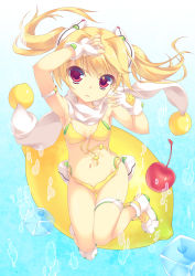 Rule 34 | 1girl, aoi sora-maru, arm up, armpits, bare shoulders, bikini, blonde hair, boots, breasts, c.c. lemon, c.c. lemon (character), cherry, fingerless gloves, food, front-tie top, fruit, gloves, highres, ice, ice cube, lemon, long hair, navel, red eyes, scarf, shiny skin, small breasts, solo, swimsuit, thigh boots, thigh gap, thighhighs, thighlet, twintails, white gloves, yellow bikini