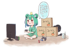 Rule 34 | 1girl, 1other, animal, animal on head, bird, bird on head, blunt bangs, blush, box, brown eyes, chick, commentary request, controller, crossed legs, double bun, game controller, green hair, green shirt, hair bun, highres, holding, holding controller, holding game controller, hololive, indian style, joy-con, mikan box, monitor, nintendo switch, on floor, on head, open mouth, piyoko (uruha rushia), playing games, router, shirt, short hair, simple background, sitting, solo, speech bubble, t-shirt, television, translated, uruha rushia, virtual youtuber, watanabe masafumi (masafumi 127), white background