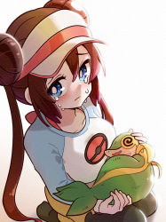 Rule 34 | 1girl, @ @, absurdres, black pantyhose, blue eyes, blush, bow, bright pupils, brown hair, closed mouth, commentary request, creatures (company), crying, defeat, double bun, eyelashes, frown, game freak, gen 5 pokemon, hair bun, highres, holding, holding pokemon, long hair, merugamu melgum, nintendo, no shoes, pantyhose, pantyhose under shorts, pink bow, pokemon, pokemon (creature), pokemon bw2, raglan sleeves, raised eyebrows, rosa (pokemon), shorts, simple background, snivy, tears, twintails, visor cap, white background, white pupils, yellow shorts