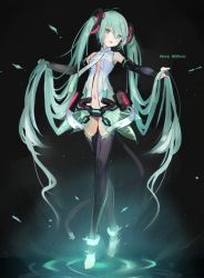 Rule 34 | 1girl, absurdly long hair, anklet, aqua eyes, aqua hair, bare shoulders, barefoot, belt, black background, black gloves, black thighhighs, blush, character name, clothing cutout, commentary, elbow gloves, full body, gloves, glowing, hair ornament, hatsune miku, hatsune miku (append), head tilt, holding, holding hair, jewelry, long hair, looking at viewer, necktie, nuudoru, open mouth, outstretched arms, ripples, shirt, sleeveless, sleeveless shirt, stomach cutout, thighhighs, twintails, very long hair, vocaloid, vocaloid append, white shirt