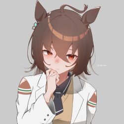 Rule 34 | 1girl, agnes tachyon (umamusume), ahoge, animal ears, black necktie, black shirt, blush, brown hair, chemical structure, closed mouth, coat, collared shirt, commentary request, earrings, gradient background, hair between eyes, highres, horse ears, horse girl, jewelry, lab coat, looking at viewer, necktie, open clothes, open coat, quraqura nemii, red eyes, shirt, short hair, single earring, smile, solo, sweater vest, umamusume, upper body, white coat, yellow sweater vest