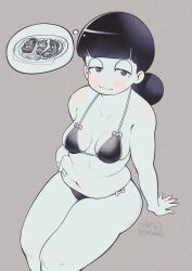 Rule 34 | 1girl, absurdres, alternate body size, arm support, artist name, belly grab, bikini, black hair, blunt bangs, blush, breasts, breasts apart, closed mouth, cloudxmoe, collarbone, commentary, english commentary, english text, feet out of frame, grey background, half-closed eyes, highres, hisone to masotan, image in thought bubble, kinutsugai ririko, long hair, looking at viewer, medium breasts, navel, no nose, patreon username, plate, plump, simple background, sitting, solo, spot color, swimsuit, thick thighs, thighs, thought bubble