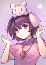 Rule 34 | 1girl, ainy, animal, animal ears, animal on head, artist name, bad id, bad pixiv id, blush, blush stickers, carrot, dress, gradient background, inaba tewi, jewelry, looking at viewer, necklace, on head, pink dress, puffy sleeves, purple background, purple hair, rabbit, rabbit ears, short hair, short sleeves, simple background, sparkle, touhou, turtleneck, upper body