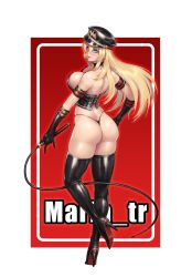 Rule 34 | 1girl, absurdres, artist name, ass, back, backboob, bare shoulders, bdsm, black choker, black footwear, black gloves, blonde hair, blue eyes, bondage, boots, bound, bracer, breasts, character name, choker, dominatrix, dungeon and fighter, english text, female gunner (dungeon and fighter), femdom, gloves, hat, high heels, highres, large breasts, long hair, looking at viewer, looking back, maria tr, mariatr, military hat, peaked cap, red background, smile, solo, standing, thigh boots, thighhighs, thong, whip