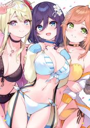 Rule 34 | 3girls, absurdres, bikini, blonde hair, blue eyes, blue hair, breasts, brown hair, choker, cleavage, closed mouth, collarbone, earrings, flower, front-tie bikini top, front-tie top, green eyes, hair flower, hair ornament, hairclip, hanamomo yae (hisen kaede), hand up, hands on own chest, highres, hisen kaede, jacket, jewelry, konno uzu (hisen kaede), lips, long sleeves, looking at viewer, medium breasts, multiple girls, navel, necklace, off shoulder, open clothes, open jacket, original, parted lips, scan, simple background, sleeves past wrists, smile, solo, stomach, striped bikini, striped clothes, swimsuit, teeth, tojo senri (hisen kaede), v, vertical stripes, white background