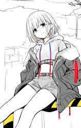 Rule 34 | 1girl, absurdres, belt, blue eyes, breasts, closed mouth, cropped hoodie, drawstring, fpanda, hands in pockets, highres, hood, hoodie, idolmaster, idolmaster shiny colors, jacket, long sleeves, looking at viewer, monochrome, off shoulder, open clothes, open jacket, open mouth, serizawa asahi, short hair, shorts, sitting, small breasts, smile, solo, thighs