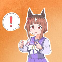 Rule 34 | !, 1girl, animal ears, bow, bowtie, breasts, brown hair, ear ornament, glasses, highres, holding, holding removed eyewear, horse ears, itota art, long sleeves, looking at viewer, open mouth, orange background, purple shirt, purple skirt, red eyes, sailor collar, school uniform, shirt, short hair, skirt, small breasts, solo, spoken exclamation mark, tracen school uniform, transcend (umamusume), umamusume, unworn eyewear, upper body