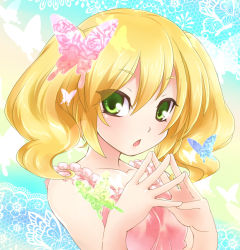 Rule 34 | 1girl, blonde hair, bug, butterfly, collarbone, green eyes, bug, lily (teru suzu), long hair, looking at viewer, open mouth, original, solo, steepled fingers, teru suzu, twintails
