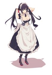 Rule 34 | 1girl, absurdres, adjusting hair, apron, azur lane, black footwear, black hair, black legwear, breasts, cleavage, collarbone, commentary request, full body, glasgow (azur lane), green eyes, hair ribbon, high heels, highres, holding, holding own hair, large breasts, long hair, looking at viewer, maid, maid apron, maid headdress, ribbon, short sleeves, sidelocks, simple background, solo, standing, suwakana, twintails, white background