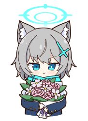 Rule 34 | 1girl, :&lt;, achilles (yosshyachillesd), animal ear fluff, animal ears, black jacket, blazer, blue archive, blue eyes, blue halo, blue scarf, blush, bouquet, closed mouth, cross hair ornament, extra ears, flower, grey hair, hair ornament, halo, highres, holding, holding bouquet, jacket, long sleeves, looking at viewer, medium hair, mismatched pupils, pink flower, scarf, shiroko (blue archive), shiroko (young) (blue archive), simple background, solo, upper body, white background, wolf ears