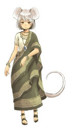 Rule 34 | 1girl, alternate costume, animal ears, blush, bracelet, dress, female focus, gem, grey hair, indian, indian clothes, jewelry, mouse ears, mouse tail, nazrin, necklace, pendant, red eyes, sandals, sari, shirt, short hair, short sleeves, simple background, sitting, solo, tail, touhou, traditional clothes, white background, yudepii