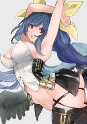 Rule 34 | 1girl, angel wings, armpits, arms up, asymmetrical wings, bare shoulders, belt, black panties, black thighhighs, blue hair, breasts, buttons, choker, cleavage, cleavage cutout, clothing cutout, dizzy (guilty gear), guilty gear, guilty gear xrd, hair between eyes, hair ribbon, hair rings, hip bones, large breasts, maka (morphine), midriff, monster girl, navel, open mouth, panties, red eyes, ribbon, sideboob, simple background, skindentation, solo, tail, thigh gap, thigh strap, thighhighs, thighs, twintails, underwear, white background, wings, yellow ribbon