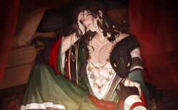 Rule 34 | 1boy, arm up, bed, black hair, black snake, blush, breath, code: kite, gruel can, hand on own head, head tilt, heavy breathing, highres, liu bian, long hair, looking at viewer, male focus, outstretched arm, pov, pov hands, reaching, reaching towards viewer, sitting, smile, yellow eyes
