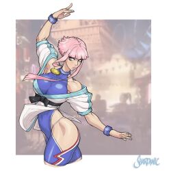 Rule 34 | 1girl, breasts, dougi, highres, hime cut, hip vent, large breasts, manon legrand, martial arts belt, pink hair, shardanic, skin tight, solo, spandex, street fighter, street fighter 6, wristband
