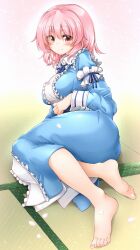Rule 34 | 1girl, ass, barefoot, blue kimono, breasts, center frills, closed mouth, frilled shirt collar, frills, from side, full body, hat, highres, japanese clothes, kimono, large breasts, long sleeves, looking at viewer, marukyuu ameya, medium hair, no headwear, petals, pink background, pink eyes, pink hair, saigyouji yuyuko, smile, solo, tatami, toes, touhou, triangular headpiece