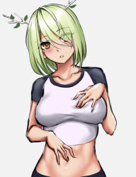 Rule 34 | 1girl, alternate costume, antlers, branch, ceres fauna, edchi, green hair, hair ornament, hair over one eye, head tilt, hololive, hololive english, horns, looking at viewer, midriff, mole, mole under eye, navel, short hair, simple background, solo, tank top, virtual youtuber, white background, yellow eyes