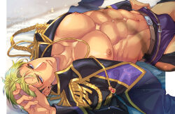 Rule 34 | 1boy, abs, absurdres, bara, bare pectorals, belt, black jacket, brown belt, closed mouth, dark-skinned male, dark skin, earrings, green hair, highres, jacket, jewelry, king of prism, king of prism by prettyrhythm, large pectorals, lying, male focus, muscular, muscular male, navel, nipples, on back, open clothes, open jacket, pectorals, pretty rhythm, pretty series, purple eyes, short hair, solo, yamato alexander, zero q