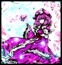 Rule 34 | 1girl, acryl, bug, butterfly, dress, faux traditional media, female focus, framed, hat, bug, long sleeves, pink dress, pink eyes, pink hair, saigyouji yuyuko, sash, smile, solo, touhou, traditional media