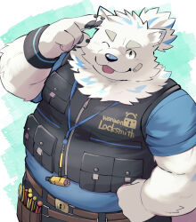 Rule 34 | 1boy, animal ears, bandaid, bandaid on face, bara, belt, black wristband, blue fur, blue shirt, cowboy shot, dog boy, dog ears, fat, fat man, furry, furry male, hand on own hip, highres, kinoshita jiroh, lanyard, light blush, live a hero, lock, looking at viewer, male focus, multicolored hair, multiple belts, one eye closed, pawpads, ponytail, salute, shirt, short sleeves, solo, standing, streaked hair, thick eyebrows, tongue, tongue out, two-finger salute, utility vest, white fur, yohack