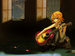 Rule 34 | 1girl, acoustic guitar, blonde hair, blue eyes, boots, dress, guitar, instrument, kagamine rin, short hair, sitting, smile, solo, tokyo-to rock city (vocaloid), tokyo to rock city (vocaloid), vocaloid, yucco