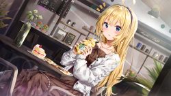Rule 34 | 1girl, :o, ahoge, aogiri koukou, blonde hair, blue eyes, blurry, blurry foreground, blush, brown dress, cake, cake slice, chair, commentary, cup, depth of field, disposable cup, dress, drinking straw, dutch angle, flower, food, food on face, hair between eyes, hairband, highres, holding, holding cup, indoors, jacket, kuria (clear trip second), long hair, long sleeves, looking at viewer, magazine (object), minazuki natsuki, notice lines, on chair, open clothes, open jacket, parted lips, plant, potted plant, purple hairband, red flower, red rose, rose, sitting, sleeves past wrists, solo, symbol-only commentary, table, very long hair, virtual youtuber, white jacket