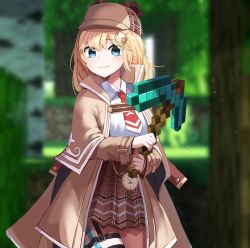 Rule 34 | 1girl, 3d, blonde hair, blue eyes, dayshiart, highres, holding, holding pickaxe, hololive, hololive english, jacket, looking at viewer, minecraft, minecraft pickaxe, necktie, pickaxe, plaid, plaid skirt, red necktie, short necktie, skirt, smile, solo, virtual youtuber, watson amelia, watson amelia (1st costume)