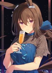 Rule 34 | 1girl, admire vega (umamusume), alternate costume, animal ears, blue dress, blush, breasts, brown hair, champagne flute, closed mouth, cup, dress, drinking glass, hand up, highres, holding, holding cup, horse ears, horse girl, horse tail, indoors, long hair, looking at viewer, pink eyes, short sleeves, small breasts, solo, split mouth, starheart, tail, umamusume, upper body, window
