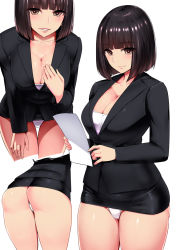 Rule 34 | 1girl, ass, black hair, black jacket, black skirt, black suit, blunt bangs, blush, bob cut, breasts, brown eyes, buttons, cleavage, closed mouth, collarbone, commentary request, cowboy shot, fingernails, formal, hand on own thigh, highres, holding, holding paper, ishimiso (ishimura), jacket, large breasts, leaning forward, long sleeves, looking at viewer, microskirt, miniskirt, multiple views, no pants, office lady, original, panties, pantyshot, paper, parted lips, pencil skirt, shiny skin, short hair, simple background, skirt, skirt suit, smile, standing, suit, thigh gap, thighs, underwear, uniform, white background, white panties