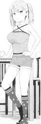 Rule 34 | 1girl, annoyed, breasts, cleavage, cleavage cutout, clothing cutout, hand on own hip, highres, large breasts, maeno chiho, midriff, monochrome, original, shorts, sleeveless, socks, tamagoroo, thighs, twintails