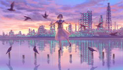 Rule 34 | 1girl, :d, balancing, bird, blue eyes, cityscape, dress, hiko (scape), open mouth, original, outstretched arms, scenery, see-through, see-through silhouette, sky, smile, solo, standing, standing on liquid, water